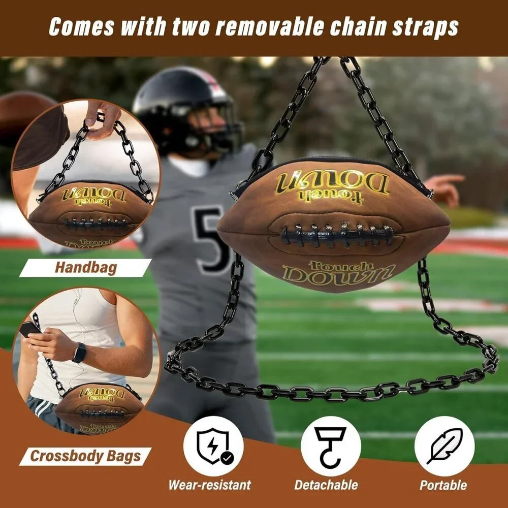 Football Shaped Crossbody Bag Leather with Chain Strap Sport Fan Purse